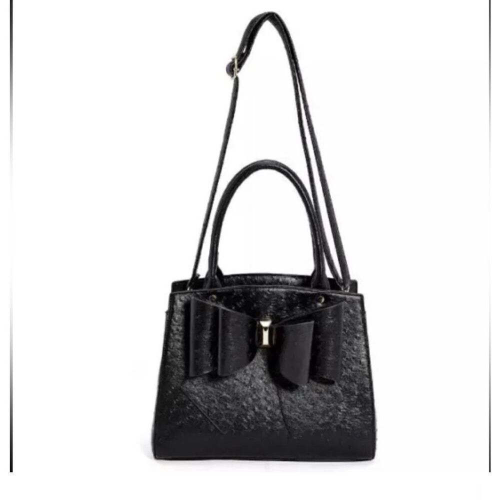 Grossi Faux Ostrich Vegan Leather Satchel: Elegant Black Double Bow